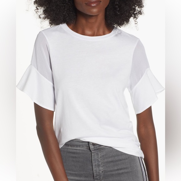 Topshop Ruffle Sheer Sleeve Tee White - Picture 1 of 9